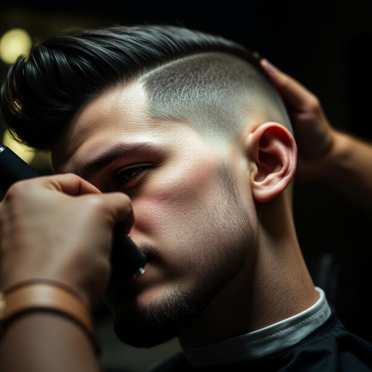 Barber giving a precision skin fade