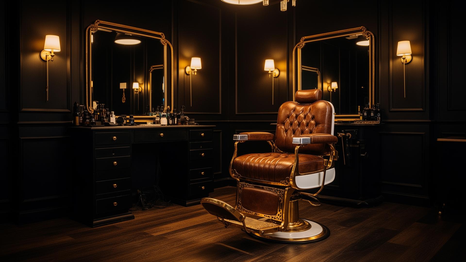 Luxury barbershop interior with vintage chair and gold accents